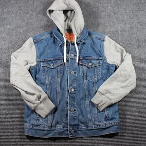 Levi’s Hooded Trucker Jean Jacket Mens M Blue Denim Gray Fleece Sleeves